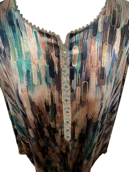 Robe  Femme - Satin Brillant Abstrait Bleu & Doré