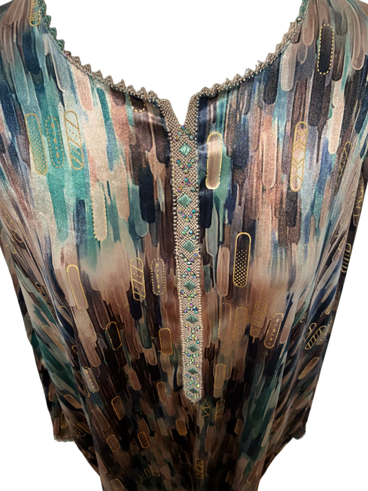 Robe  Femme - Satin Brillant Abstrait Bleu & Doré