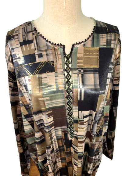 2 Robe marocaine longue – Tissu imprimé géométrique doré & noir “édition limitée” (Copie)